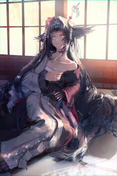 1girl absurdres arknights black_hair black_hands black_kimono chest_sarashi closed_mouth collarbone colored_extremities commentary feet_out_of_frame flower fur-trimmed_sleeves fur_trim gandy_(gan3e46) grey_eyes hair_flower hair_ornament head_wings highres japanese_clothes kimono long_hair long_sleeves looking_at_viewer mio_(arknights) multicolored_kimono pink_flower sarashi single_bare_shoulder sitting solo two-tone_kimono very_long_hair white_kimono wings