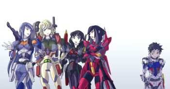 Rule 34 | 1boy, 4girls, 8823, :3, aegis gundam, black hair, blitz gundam, blonde hair, blue eyes, breasts, buster gundam, crossed arms, damaged, duel gundam, gradient background, green eyes, grey hair, gundam, gundam seed, hair behind ear, hand on own hip, large breasts, long hair, looking down, mecha danshi, mecha musume, medium breasts, mole, mole under eye, multicolored hair, multiple girls, open hands, open mouth, personification, sad, short hair, streaked hair, strike gundam, white hair, yellow eyes