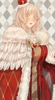 1girl alice&#039;s_adventures_in_wonderland alt_text arched_crown argyle_background blonde_hair blush cape colored_eyelashes cosplay crown detached_collar dress dungeon_meshi falin_touden falin_touden_(tallman) feathers fur-trimmed_cape fur_trim highres juliet_sleeves lipstick long_sleeves looking_at_viewer makeup mini_crown parted_lips puffy_sleeves queen_of_hearts_(alice_in_wonderland) queen_of_hearts_(alice_in_wonderland)_(cosplay) red_cape red_dress red_lips sasakura34 short_hair solo star_(symbol) white_feathers yellow_eyes