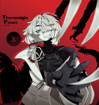 Rule 34 | 1girl, absurdres, breasts, character name, claws, down jacket, e.g.o (project moon), faust (project moon), grey eyes, hair over one eye, highres, jacket, limbus company, medium breasts, medium hair, ny 000a, pale skin, project moon, signature, skinsuit, speech bubble, straitjacket, thoracalgia (e.g.o), white hair