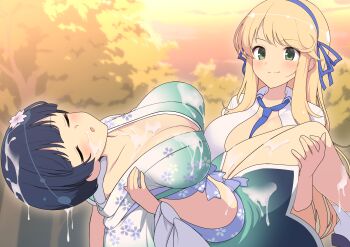 2girls :o absurdres blonde_hair blue_eyes blue_hair blue_necktie blue_ribbon blunt_bangs blush bowl_cut breasts carrying cleavage closed_eyes collarbone commentary_request commission evening floral_print floral_print_kimono flower forest gradient_clothes gradient_kimono gradient_sky green_eyes green_kimono hair_flower hair_ornament hair_ribbon hanzou_academy_school_uniform highres japanese_clothes katsuragi_(senran_kagura) kimono large_breasts long_hair midriff multiple_girls nature necktie no_bra open_clothes open_mouth open_shirt orange_sky outdoors perapera pixiv_commission plant princess_carry print_kimono ribbon school_uniform senran_kagura senran_kagura_shinovi_versus senran_kagura_shoujo-tachi_no_shin&#039;ei shirt short_hair skirt sky smile socks suggestive_fluid tree unconscious white_kimono white_socks yellow_sky yozakura_(senran_kagura)