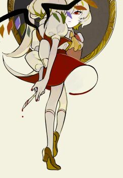 Rule 34 | 1girl, ascot, blonde hair, blood, bloody knife, bow, collared shirt, commentary request, dee (tannsumi), flandre scarlet, from behind, highres, holding, holding knife, kneehighs, knife, looking at mirror, mirror, one side up, puffy short sleeves, puffy sleeves, red eyes, red nails, red skirt, red vest, reflection, serious, shirt, short sleeves, skirt, skirt set, socks, solo, standing, standing on one leg, touhou, vest, waist bow, white background, white bow, white shirt, white socks, wings, yellow ascot