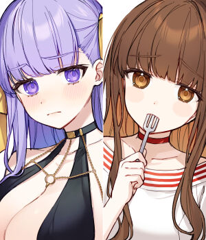 2girls bb_(fate) bb_dubai_(fate) black_dress blush blush_stickers body_chain breasts brown_eyes brown_hair choker cleavage closed_mouth dress fate/grand_order fate_(series) fork hair_ribbon halter_dress halterneck hand_up holding holding_fork karokuchitose kishinami_hakuno_(female) long_hair looking_at_another multiple_girls portrait purple_eyes purple_hair red_choker ribbon simple_background split_screen utensil_in_mouth white_background white_dress yellow_ribbon