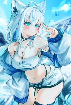 1girl ahoge animal_ear_fluff animal_ears aqua_eyes black_choker blush breasts camisole chain chain_necklace choker cleavage collarbone commentary_request fox_ears fox_girl highres hololive jacket jewelry long_hair navel necklace off-shoulder_jacket off_shoulder open_mouth rachip shirakami_fubuki short_shorts shorts thigh_strap virtual_youtuber white_hair white_jacket white_shorts