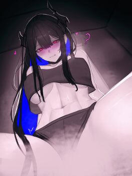 1girl ? absurdres asymmetrical_horns black_bra black_collar black_hair black_horns black_panties blue_hair blush bra breasts clothing_aside collar crop_top crop_top_overhang from_below heart heart-shaped_pupils highres hololive hololive_english horns implied_sex large_breasts limited_palette linea_alba looking_at_viewer looking_down multicolored_hair navel nerissa_ravencroft panties panties_aside purple_eyes pussy soju_ice solo spr symbol-shaped_pupils two-tone_hair underwear uneven_horns virtual_youtuber