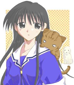 Rule 34 | azumanga daiou, black eyes, black hair, cat, dog, long hair, lowres, maya (azumanga), mayaa (azumanga daioh), sakaki (azumanga daioh), school uniform, serafuku, solo, tadakichi-san
