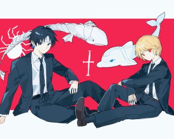 Rule 34 | 2boys, arm support, bandaged head, bandages, belt, black belt, black jacket, black pants, border, brown belt, chrollo lucilfer, collared shirt, commentary request, earrings, full body, hand chains, highres, hunter x hunter, jacket, jewelry, kurapika, letterboxed, looking at viewer, male focus, multiple boys, pants, red background, red eyes, sevenlistening, shirt, shirt tucked in, shoe soles, sitting, smile, suit jacket, white border, white shirt