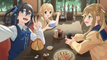 3girls :o absurdres ahoge amamiya_satsuki_(mono) bench black_hair blonde_hair blue_bow blue_bowtie blue_eyes blue_ribbon blue_sailor_collar blue_scrunchie blue_vest blush bottle bow bowl bowtie brown_hair brown_sweater brown_sweater_vest buttons chopsticks collared_shirt commentary_request crossover cup day double-parted_bangs dress_shirt duang_(user_tsag8258) elbow_on_table eyelashes fang green_eyes grey_eyes hair_ornament hair_scrunchie hand_up highres holding holding_chopsticks holding_cup indoors inuyama_aoi k-on! kotobuki_tsumugi long_hair long_sidelocks long_sleeves looking_at_another looking_at_viewer medium_hair menu mono_(afro) motosu_school_uniform multiple_girls neck_ribbon one_side_up open_mouth open_window restaurant ribbon rice_bowl sailor_collar sakuragaoka_high_school_uniform school_uniform scrunchie selfie serafuku shadow shirt short_sleeves sidelocks sideways_mouth sitting skin_fang smile soda sphere_hair_ornament sugar_cube sweater sweater_vest table teeth thick_eyebrows tissue tissue_box tree upper_teeth_only v vest white_shirt window windowsill yurucamp