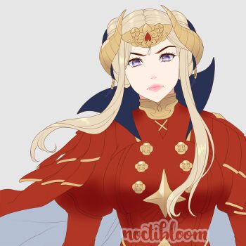 Rule 34 | 1girl, blonde hair, breasts, cape, closed mouth, edelgard von hresvelg, edelgard von hresvelg (timeskip), fake horns, fire emblem, fire emblem: three houses, grey background, headpiece, horned headwear, horns, large breasts, looking at viewer, nintendo, noctibloom, purple eyes, red cape, solo