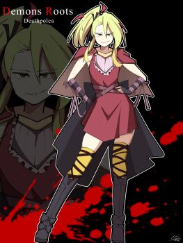 Rule 34 | 1girl, black background, blood, blood splatter, breasts, capelet, commentary, deathpolca, demon girl, demons roots, dress, english commentary, english text, fazni frye, fingerless gloves, flat chest, gloves, green eyes, green hair, hair ribbon, hand on own hip, highres, long hair, looking at viewer, red capelet, red dress, ribbon, side ponytail, signature, small breasts, smile, solo, standing, striped clothes, thighhighs