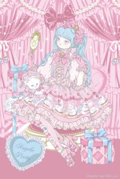 Rule 34 | accurate lolita coord, angelic pretty, animal print, beads, blue eyes, blue hair, blue pillow, blue ribbon, blunt bangs, bow, box, cat, cat print, center frills, commentary request, company name, curtains, dress, frills, gift, gift box, gloves, hands up, head bow, heart, heart-shaped pillow, high heels, highres, holding, holding mirror, kira imai, lace, lace-trimmed dress, lace trim, large bow, lolita fashion, lolita print, long hair, mirror, official art, original, pantyhose, pillow, pink bow, pink dress, pink gloves, pink pantyhose, pink shoes, print dress, print pantyhose, promotional art, puffy short sleeves, puffy sleeves, ribbon, shoes, short sleeves, sitting, sparkle, sweet lolita, twintails, wavy hair, white cat