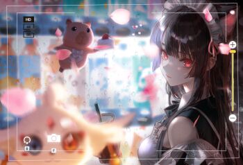 1girl abby_(wuthering_waves) absurdres black_hair breasts cake cake_slice chisa_(wuthering_waves) closed_mouth commentary_request cup disposable_cup drinking_straw food from_side highres holding holding_cup long_hair looking_at_viewer looking_to_the_side maid_headdress medium_breasts namipon_(wuthering_waves) narase_(ffrv5573) official_alternate_costume pink_petals red_eyes smile upper_body viewfinder wuthering_waves