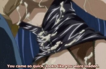 00s ane_to_boin animated animated_gif breasts bukkake cum cum_on_body cum_on_breasts cum_on_clothes cum_on_lower_body cum_on_upper_body hanamaru_ringo latex lowres pussy subtitled thighhighs thighs uncensored