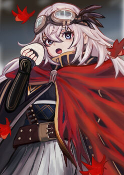 1girl absurdres autumn_leaves belt blue_eyes brown_belt cloak fate/grand_order fate_(series) feather_hair_ornament feathers food goggles goggles_on_head grey_hair hair_ornament hakama highres iamainwork japanese_clothes leaf long_hair onigiri red_cloak saika_magoichi_(fate) white_hakama