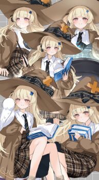 1girl alternate_costume animal animal_on_shoulder bird bird_on_shoulder black_bow blonde_hair book bow brown_coat brown_hat brown_skirt closed_mouth coat commentary_request grid_background hair_ornament hat hat_bow high-waist_skirt highres holding holding_book holding_wand kuramoto_beta-carotene light_blush long_hair looking_at_viewer necktie off_shoulder phoebe_(wuthering_waves) purple_eyes shirt shirt_tucked_in sitting skirt smile solo striped_necktie very_long_hair wand white_shirt witch_hat wuthering_waves x_hair_ornament
