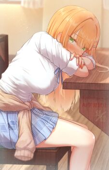 1girl absurdres arm_pillow blue_ribbon blue_skirt blush breasts brown_cardigan cardigan cardigan_around_waist chair clothes_around_waist commentary_request covered_mouth crossed_arms dated fingernails gakuen_idolmaster gekikara_poteto green_eyes hatsuboshi_gakuen_school_uniform highres idolmaster indoors jewelry large_breasts long_hair looking_at_viewer looking_to_the_side nail_polish neck_ribbon on_chair orange_hair pleated_skirt ribbon ring school_uniform shirt shiun_sumika sitting skirt solo straight_hair white_shirt