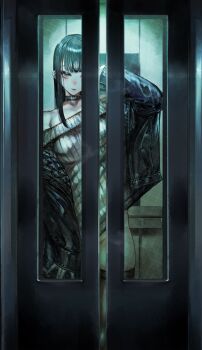 1girl absurdres arms_up bare_shoulders black_eyeshadow black_hair black_jacket black_thighhighs blunt_bangs bottomless breasts choker closed_mouth commentary_request convenient_censoring elevator eyelashes eyeshadow grey_eyes groin highres indoors jacket lace lace-trimmed_thighhighs lace_trim leather leather_jacket lips long_hair looking_at_viewer makeup medium_breasts off-shoulder_sweater off_shoulder open_clothes open_jacket original sidelocks skindentation smile soleil_(soleilmtfbwy03) solo standing straight_hair sweater thighhighs white_sweater