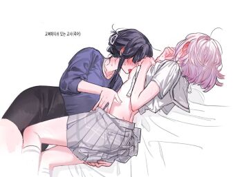 2girls black_hair black_skin blush clothes_lift colored_skin commentary_request grey_skirt hand_on_another&#039;s_waist hitozuma_kyoushi_ga_oshiego_no_joshikousei_ni_dohamari_suru_hanashi ichigohara_itsuki il_vbs39 korean_commentary korean_text licking licking_breast medium_hair multiple_girls pink_hair plaid_clothes plaid_skirt purple_shirt sailor_collar school_uniform serafuku shirt shirt_lift simple_background skirt socks sweat teacher_and_student togawa_rin translation_request white_background white_sailor_collar white_shirt white_socks yuri