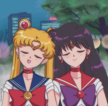 Rule 34 | 2girls, bishoujo senshi sailor moon, bishoujo senshi sailor moon (first season), blonde hair, blue sailor collar, bow, choker, city, closed eyes, earrings, heads together, highres, hino rei, jewelry, magical girl, moon earrings, multiple girls, night, open mouth, purple bow, purple hair, red bow, red choker, red sailor collar, retro artstyle, sailor collar, sailor mars, sailor moon, sky, smile, star (symbol), star earrings, stone umbrella, toei company, tree, tsukino usagi