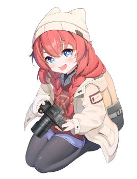 Rule 34 | 1girl, :d, absurdres, animal ear headwear, backpack, bag, beanie, black pantyhose, black sweater, blue archive, blue eyes, blue shorts, blush, braid, bright pupils, brown hat, brown jacket, camera, chinese commentary, collared shirt, commentary, fake animal ears, full body, hair between eyes, hair over shoulder, hat, highres, holding, holding camera, hood, hood down, hooded jacket, jacket, legs together, long hair, long sleeves, looking at viewer, maki (blue archive), maki (camp) (blue archive), making-of available, no halo, no shoes, official alternate costume, official alternate hairstyle, open clothes, open jacket, open mouth, painttool sai (medium), pantyhose, pocket, red hair, red sweater vest, seiza, shirt, short shorts, shorts, sidelocks, simple background, sitting, smile, solo, sweater, sweater vest, thighs, twin braids, white background, white pupils, white shirt, yizhi qingwa gua