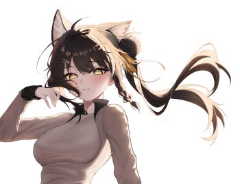 1girl absurdres animal_ears arm_up black_bow blush bow braid breasts brown_hair brown_shirt cat_ears cat_girl collared_shirt commentary hair_bow hair_ornament hair_ribbon hairclip highres korean_commentary kuki_panda_(wkdwnsgk13) light_smile long_sleeves looking_at_viewer medium_breasts medium_hair nose_blush original parted_lips ponytail ribbon shirt simple_background single_braid sleeves_past_wrists upper_body white_background yellow_eyes yellow_ribbon