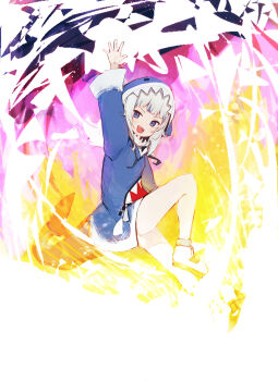 1girl animal_costume animal_hood blue_eyes blue_hoodie commentary fins fish_tail full_body gawr_gura gawr_gura_(1st_costume) highres hololive hololive_english hood hood_up hoodie long_sleeves looking_at_viewer no_pants open_mouth punished_pigeon shark_costume shark_girl shark_hood shark_tail sharp_teeth smile solo tail teeth virtual_youtuber white_hair wide_sleeves
