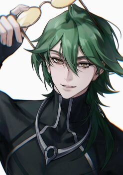 1boy bh495 black_gloves black_shirt double-parted_bangs eyelashes ezreal gloves green_hair hair_between_eyes hashtag-only_commentary heartsteel_ezreal highres holding holding_removed_eyewear jewelry league_of_legends looking_at_viewer male_focus necklace parted_lips round_eyewear shirt simple_background smile solo tinted_eyewear unworn_eyewear white_background yellow-tinted_eyewear yellow_eyes