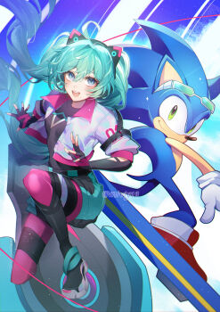 1boy 1girl :d ahoge animal_ear_headphones animal_ears aqua_eyes aqua_hair arm_up artist_name biker_clothes bikesuit black_bodysuit black_boots black_gloves black_outline black_shorts blue_eyes blue_fur blue_hair blush bodysuit boots cat_ear_headphones cat_ears chibi chibi_only clenched_hand commentary english_commentary eyewear_on_head fake_animal_ears fingerless_gloves floating_hair full_body gloves green_eyes hair_between_eyes hatsune_miku headphones hedgehog_boy highres hoverboard jacket layered_sleeves leggings long_hair long_sleeves looking_at_viewer miviy19 mixed-language_commentary official_alternate_costume open_clothes open_hands open_jacket open_mouth outline pink_leggings pink_trim red_shoes shoes short_over_long_sleeves short_sleeves shorts smile sonic_(series) sonic_racing:_crossworlds sonic_the_hedgehog spread_fingers turtleneck twintails very_long_hair vocaloid white_jacket