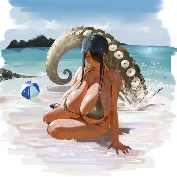 1girl absurdres armpit_crease ball beach beachball bikini bikini_top_only black_hair black_shoes bottomless breasts cleavage closed_mouth commentary curvy_black-haired_girl_(tnr) earrings full_body gold_bikini hair_over_one_eye hand_on_ground highres huge_breasts island jewelry looking_at_viewer medium_hair ocean original outdoors red_eyes sand seiza shiny_skin shoes sitting sky smile solo stud_earrings suction_cups swimsuit tentacles thighs tnr_(horiko1525) water yokozuwari
