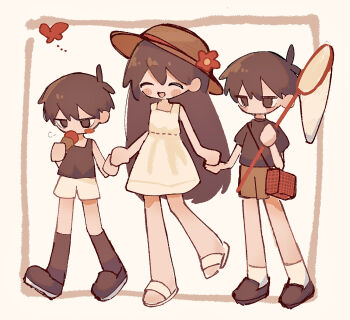 1girl 2boys alternate_costume alternate_skin_color antenna_hair black_eyes black_hair black_shirt black_shoes black_socks black_tank_top blush blush_stickers brother_and_sister brown_shorts butterfly_net closed_eyes commentary_request dress dual_persona flower hair_behind_ear hand_net hat hat_flower highres holding holding_butterfly_net holding_hands holding_ice_cream_cone ice_cream_cone kneehighs mari_(faraway)_(omori) mari_(omori) multiple_boys ninini_(happy_goody115) omori omori_(omori) open_mouth revision sandals shirt shoes short_hair shorts siblings single_blush_sticker socks sun_hat sundress sunny_(omori) t-shirt tank_top white_dress white_sandals white_shorts white_socks