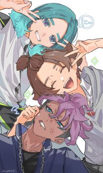 3boys anger_vein aqua_hair artist_name blue_eyes blue_jacket brown_hair cheek_pinching closed_eyes dark-skinned_male dark_skin double_v grey_hoodie grin highres hood hoodie inazuma_eleven_(series) inazuma_eleven_victory_road jacket kisoji_heita male_focus medium_hair motune multicolored_hair multiple_boys open_mouth pinching purple_hair sakurazaki_jouji sasanami_unmei short_hair smile teeth two-tone_hair upper_teeth_only v watermark white_jacket