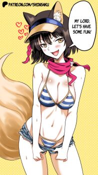 :d animal_ear_fluff animal_ears artist_name bikini bikini_bottom_under_shorts bikini_under_clothes blue_archive blue_bikini blue_shorts blush breasts brown_eyes brown_hair denim denim_shorts english_text fang fox_ears fox_girl fox_tail hat heart highleg highleg_bikini highres izuna_(blue_archive) izuna_(swimsuit)_(blue_archive) large_breasts legs looking_at_viewer medium_breasts navel official_alternate_costume open_mouth scarf seductive_smile shinsaku_(stan-art) shorts side_ponytail smile solo speech_bubble string_bikini swimsuit tail teasing torn_clothes torn_short yellow_background