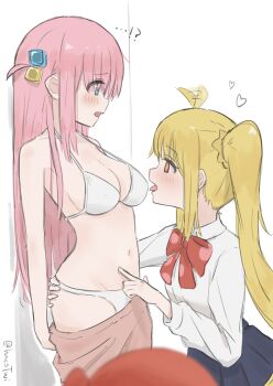 3girls @_@ absurdres ahoge ahoge_wag blonde_hair blue_eyes blush bocchi_the_rock! breasts commentary_request cube_hair_ornament expressive_hair gotoh_hitori haco_(user_usmg5523) hair_ornament heart highres ijichi_nijika kita_ikuyo large_breasts long_hair multiple_girls one_side_up open_mouth pink_hair red_eyes revision side_ponytail tongue tongue_out very_long_hair weapon yuri