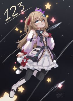 1girl ahoge belt black_background black_belt black_bow black_bowtie black_pantyhose blue_eyes boots bow bowtie brown_hair buckle dress dress_bow floating frilled_dress frills full_body hair_between_eyes hair_intakes hair_ornament hair_ribbon hand_on_own_chest heart heart_hair_ornament highres layered_dress leg_up long_hair long_sleeves looking_at_viewer multicolored_hair neuro-sama off-shoulder_dress off_shoulder official_alternate_costume open_mouth pantyhose pocket raised_eyebrow red_bow red_ribbon ribbon shooting_star short_dress signature sleeve_bow snap-fit_buckle solo space star_(sky) star_(symbol) techwear two-tone_hair two_side_up vedal_ai virtual_youtuber white_boots white_dress wimowowo zipper