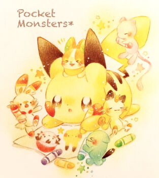 >_< ash_ketchum brown_eyes chibi colored_pencil_(medium) commentary_request copyright_name crayon drawing_(object) full_body gen_1_pokemon gen_2_pokemon gen_8_pokemon holding holding_crayon legendary_pokemon meowth mew_(pokemon) mythical_pokemon nintendo no_humans open_mouth painting_(medium) pikachu pokemon pokemon_(anime) pokemon_(creature) scorbunny simple_background star_(symbol) traditional_media watercolor_(medium) wobbuffet yamper yukichi_0611