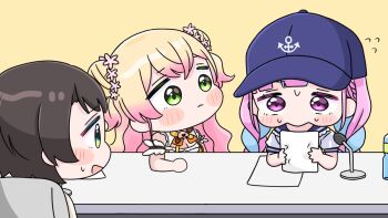 3girls :d blonde_hair blue_hair blue_sailor_collar blush_stickers braid breasts brown_background brown_hair brown_shirt chibi cleavage closed_mouth double_bun flying_sweatdrops gradient_hair green_eyes hair_bun holding hololive low_twintails medium_breasts microphone minato_aqua minato_aqua_(sailor) mochimiko momosuzu_nene momosuzu_nene_(1st_costume) multicolored_hair multiple_girls oozora_subaru oozora_subaru_(casual) open_mouth pink_hair profile puffy_short_sleeves puffy_sleeves purple_eyes sailor_collar school_uniform serafuku shirt short_sleeves simple_background smile staring sweat table twin_braids twintails two-tone_hair two_side_up virtual_youtuber white_shirt yurie_mouth