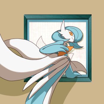 1boy alternate_color blue_hair blue_skin bob_cut closed_mouth colored_skin full_body gardevoir gen_3_pokemon hair_over_one_eye hand_up happy highres jumping legs_together long_legs looking_at_viewer male_focus monya multicolored_skin nintendo no_feet one_eye_covered orange_eyes picture_frame pokemon pokemon_(creature) shiny_pokemon short_hair smile solo through_medium through_painting trap two-tone_skin white_skin