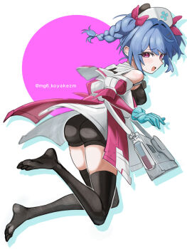 1girl :d absurdres ass bare_shoulders black_shorts black_thighhighs blue_gloves blue_hair braid breasts circle colphne_(girls'_frontline_2) colphne_(silent_heart)_(girls'_frontline_2) commentary_request full_body girls'_frontline girls'_frontline_2:_exilium gloves hair_ribbon hat highres long_sleeves looking_at_viewer mg6_koyakezm no_shoes nurse_cap open_mouth purple_eyes ribbon shorts simple_background smile solo sweatdrop thighhighs twin_braids twitter_username white_background white_hat