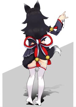1girl absurdres animal_ears arm_up ass bell black_hair black_skirt black_sleeves detached_sleeves from_behind full_body highres holding holding_panties holding_underwear holding_unworn_clothes hololive johnny_(braun-kan_cafe) kouhaku_nawa long_hair no_panties no_shoes ookami_mio ookami_mio_(1st_costume) panties pleated_skirt pussy pussy_peek rope shimenawa skirt solo standing tail tail_around_own_leg thighhighs underwear virtual_youtuber white_thighhighs wolf_ears wolf_girl wolf_tail