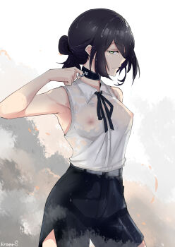 1girl absurdres armpits artist_name black_choker black_hair black_ribbon black_shorts breasts chainsaw_man choker closed_mouth collared_shirt commentary covered_erect_nipples cowboy_shot english_commentary green_eyes grenade_pin hair_between_eyes hair_bun high-waist_shorts highres inverted_nipples looking_at_viewer medium_breasts neck_ribbon nipples pulling reze_(chainsaw_man) ribbon rroar8 see-through_clothes shirt shirt_tucked_in short_hair shorts simple_background single_hair_bun smile smirk solo wet wet_clothes wet_hair wet_shirt white_background white_shirt wing_collar