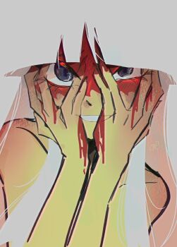 Rule 34 | 1girl, animification, blending, blood, blood on face, blood on hands, blue eyes, blunt bangs, commentary, english commentary, grin, hands on own face, harumi (ninjago), highres, hyxcynth, long hair, looking at viewer, ninjago, nude, sidelocks, smile, solo, upper body, white hair