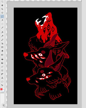 animal_focus art_program_in_frame black_background black_eyes blood blood_on_face blood_on_mouth closed_mouth colored_lineart commentary dog ears_up english_commentary extra_eyes fangs head_back looking_at_viewer meyoco monochrome monster no_humans open_mouth original red_eyes red_theme sharp_teeth silhouette simple_background teeth too_many_eyes white_eyes