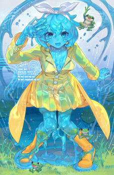 1girl absurdres arm_up bikini blue_eyes boots breasts coat commentary commission dripping frog grass highres hydrokinesis jacket knees_together_feet_apart leaning_forward lily_pad looking_at_viewer medium_breasts monster_girl open_clothes open_coat open_mouth original rain raincoat ribbon rubber_boots sakoku_(oyatsu3ji_) see-through_body see-through_clothes see-through_jacket signature skeb_commission skirt slime_girl solo splashing swimsuit thick_thighs thighs twitter_username water watermark white_bikini white_ribbon yellow_boots yellow_coat yellow_raincoat yellow_skirt