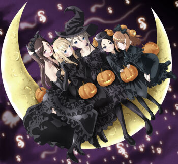 Rule 34 | 5girls, ange (princess principal), bare shoulders, beatrice (princess principal), black bow, black dress, black footwear, black hairband, black headwear, black legwear, blonde hair, blue eyes, bow, braid, brown eyes, brown hair, crescent moon, dorothy (princess principal), dress, elbow gloves, food-themed hair ornament, frilled dress, frills, gloves, gothic lolita, hair between eyes, hair bow, hair ornament, hairband, halloween, hat, jack-o'-lantern, lolita fashion, long hair, long sleeves, looking at viewer, moon, multiple girls, night, on crescent, pantyhose, parted bangs, princess (princess principal), princess principal, pumpkin hair ornament, purple eyes, short hair, silver hair, sitting, sky, taniguchi gou, toudou chise, witch hat