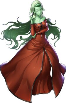 artist_request bare_shoulders breasts closed_eyes colored_skin demon_(megami_tensei) dress green_hair green_skin headscarf highres official_art persona persona_5 persona_5:_the_phantom_x red_dress shin_megami_tensei silky_(megami_tensei) solo third-party_source transparent_background