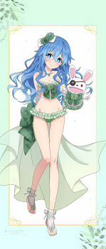 1girl absurdres bare_shoulders bikini blue_eyes blue_hair bridal_legwear cape date_a_live eyepatch frilled_bikini frills full_body hand_puppet highres himekawa_yoshino long_hair looking_at_viewer navel official_alternate_costume official_art puppet rabbit_puppet smile solo swimsuit third-party_source yoshinon