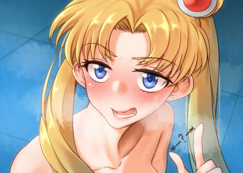 1girl ? arrow_(symbol) bare_shoulders bishoujo_senshi_sailor_moon bishoujo_senshi_sailor_moon_s blonde_hair blue_eyes blush collarbone commentary_request completely_nude derivative_work earrings female_focus hair_over_shoulder humiliation jewelry long_hair looking_at_viewer lower_teeth_only meme nude open_mouth portrait sailor_moon sailor_moon_redraw_challenge_(meme) small_penis_humiliation solo teeth tiny_gesture tsukino_usagi twintails yamauchi_kouen