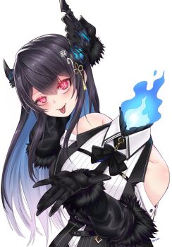 1girl arm_up asymmetrical_horns bare_shoulders black_coat black_gloves black_hair black_horns blue_fire blue_hair blush closed_mouth clothing_cutout coat collared_shirt colored_inner_hair commentary commission demon_horns disembodied_head dress_shirt dullahan english_commentary fire flower fur-trimmed_gloves fur_trim gloves hair_flower hair_ornament highres holding holding_detached_head holding_own_horns hololive hololive_english horn_flower horns kivo long_hair looking_at_viewer mole mole_under_eye multicolored_hair nerissa_ravencroft nerissa_ravencroft_(1st_costume) open_hand red_eyes ribbed_shirt shirt shoulder_cutout sidelocks simple_background smile solo tassel tassel_hair_ornament tongue tongue_out two-tone_hair uneven_horns upper_body vest virtual_youtuber waistcoat white_background white_shirt