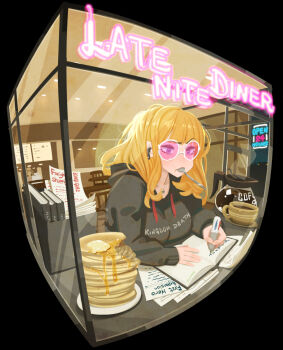 1girl black_background blonde_hair book coffee coffee_mug coffee_pot commentary cup diner earbuds earphones english_commentary english_text fisheye food glass highres indoors jewelry kingdom_death lokman_lam mug necklace neon_lights pancake pancake_stack paper pen sitting solo spoon sunglasses table upper_body utensil_in_mouth window