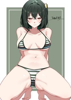 1girl absurdres alternate_breast_size arm_support bare_legs bikini black_hair blush breasts breasts_apart brown_eyes collarbone commentary_request crossed_bangs crotch hair_between_eyes highres large_breasts looking_at_viewer love_live! love_live!_nijigasaki_high_school_idol_club medium_breasts medium_hair mifune_shioriko navel sagging_breasts solo squid striped_bikini striped_clothes swimsuit tarakon thighs toes white_background